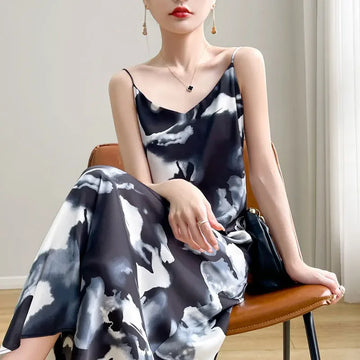 Saashi V-Neck Fashion Print Strapless Satin Long Dress, Sleeveless Elegant Base Layer