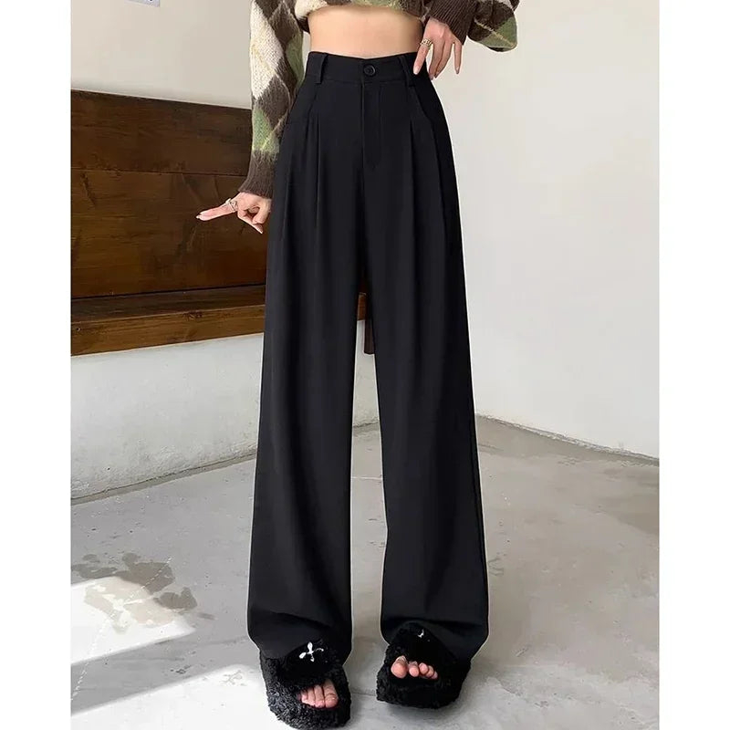 Saashi Women's Fashion High Waist Breathable Wide Leg Straight Black Coffee Suit Pants.