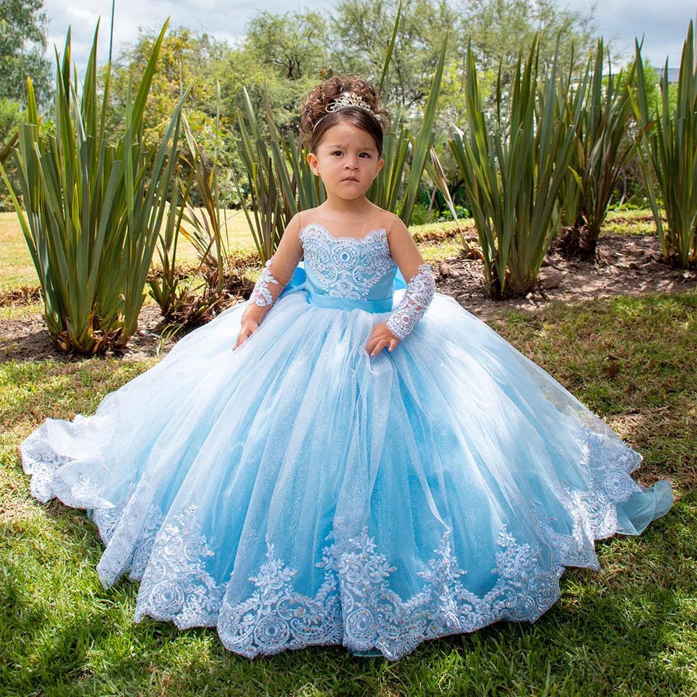 Saashi Girls Long Sleeve Satin Bow Flower Girl Ball Gown