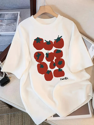 Saashi Cute Tomato Print T Shirt for Women Short Sleeve Kawaii Fruit Graphic Summer Tee Gift