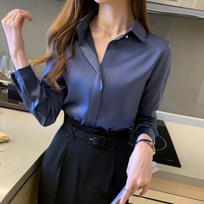 Saashi Women’s Silk Satin Long Sleeve Shirt Basic Fashion Blouse for Office Ladies