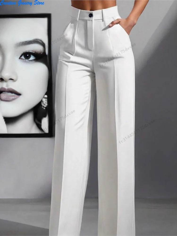 Saashi Women's Solid Color High Waist Pleated Loose Straight Office Tailored Pants.
