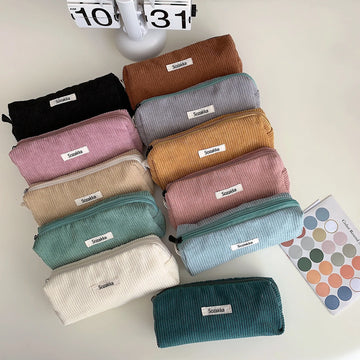 Saashi Retro Corduroy Pencil Case Travel Cosmetic Lipstick Stationery Storage Bag Women.