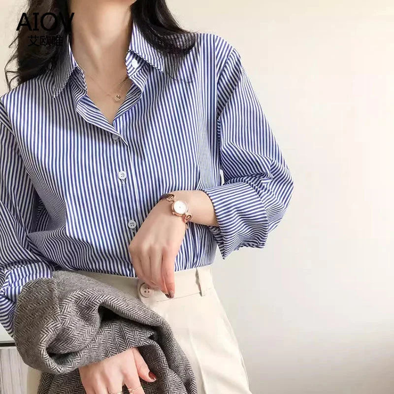 Saashi Women's Classic Striped Spring Autumn Long Lantern Sleeve Stand Collar Blouse.