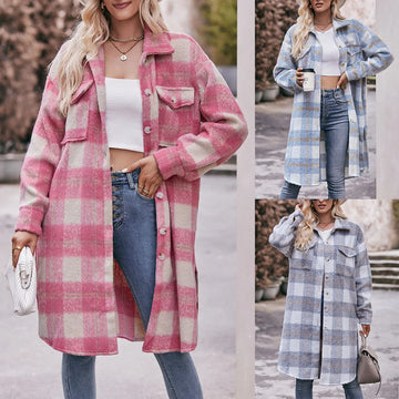 Saashi Tweed Jacket Oversize Plaid Single-Breasted Warm Trench Coat