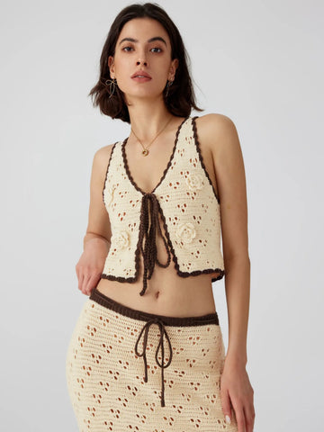 Saashi Cream & Brown Crochet Knit Two-Piece Set