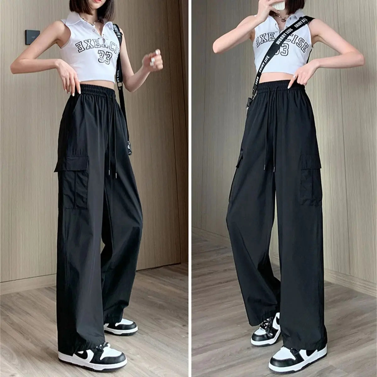 Saashi High Waist Baggy Cargo Pants for Women Wide Leg Vintage Elastic Streetwear Trousers