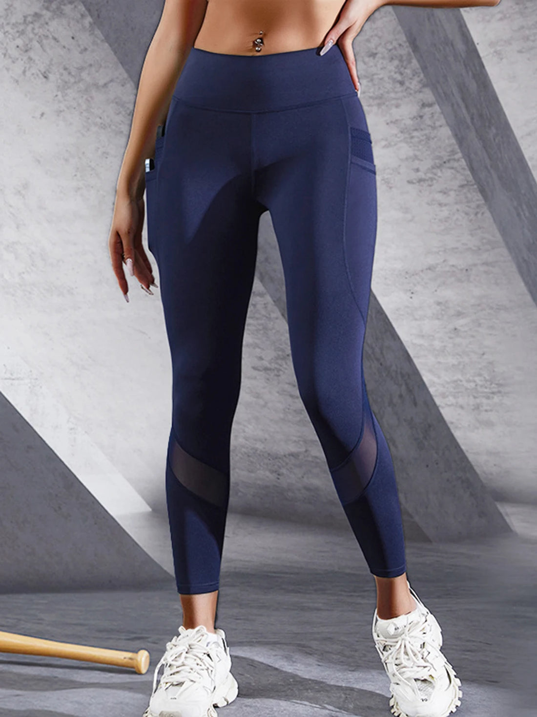 Saashi Women's Mesh Splicing Leggings with Pockets, High-Waist Tights for Yoga