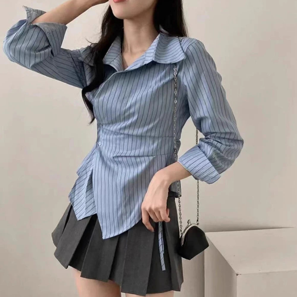 Saashi Women's Spring Autumn Casual Striped Long Sleeve Slim Office Lady Blouse.
