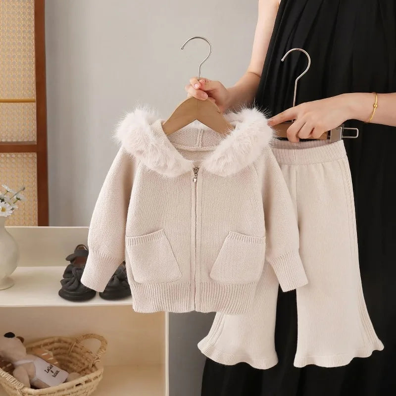Saashi Girls Faux Fur Hooded Coat & Flared Pants Winter Set