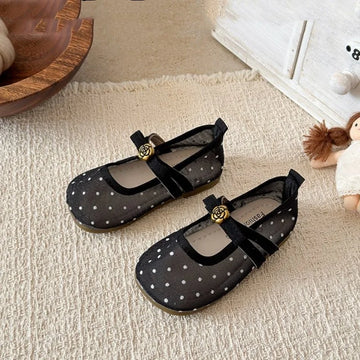 Saashi Girls Polka Dot Mesh Mary Jane Shoes – Flower Detail Breathable Soft Sole Flats