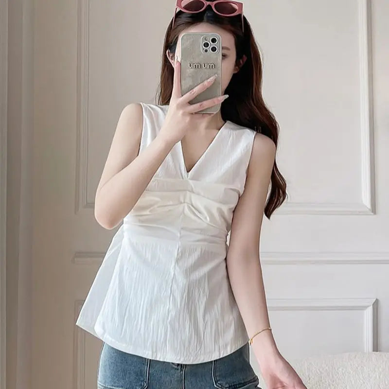 Saashi Solid Color V-Neck Tank Top for Women Sleeveless Casual Summer Fashion Blouse