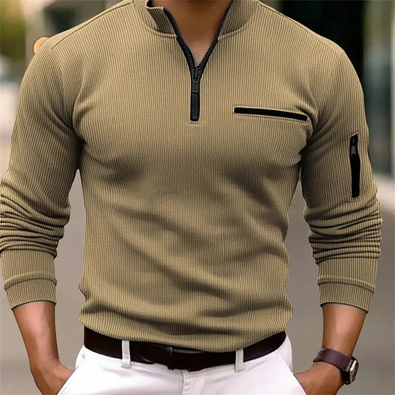 Saashi Men's Retro Style Striped Zipper Arm Long Sleeve Outdoor Polo Shirt.