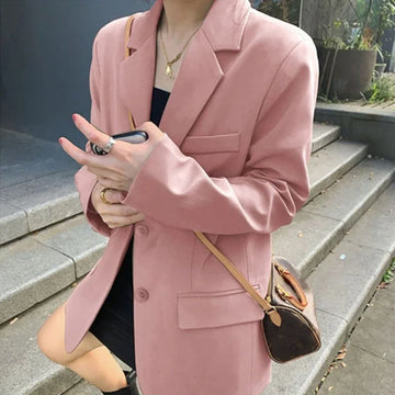 Saashi Women's Korean Version Loose Pink Office Lady Tailored Collar Casual Blazer.