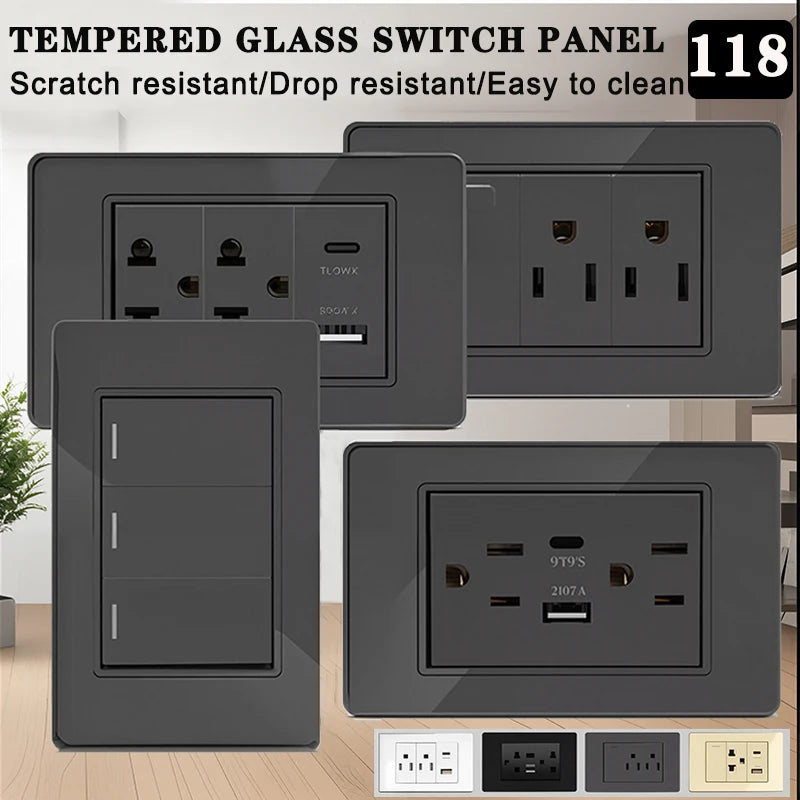 Saashi Labor Day Tempered Glass Wall Socket – US/Thai 110V Outlet with Dual USB & USB-C Ports and Light Switch