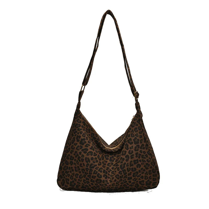 Saashi Trendy Soft Textile Shoulder Bag Large Capacity Leopard Print Retro Crossbody for Women