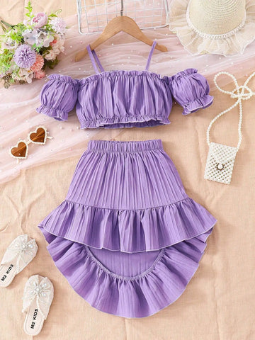 Saashi Girls Purple Off-Shoulder Puff Sleeve Top & Ruffled Skirt Set