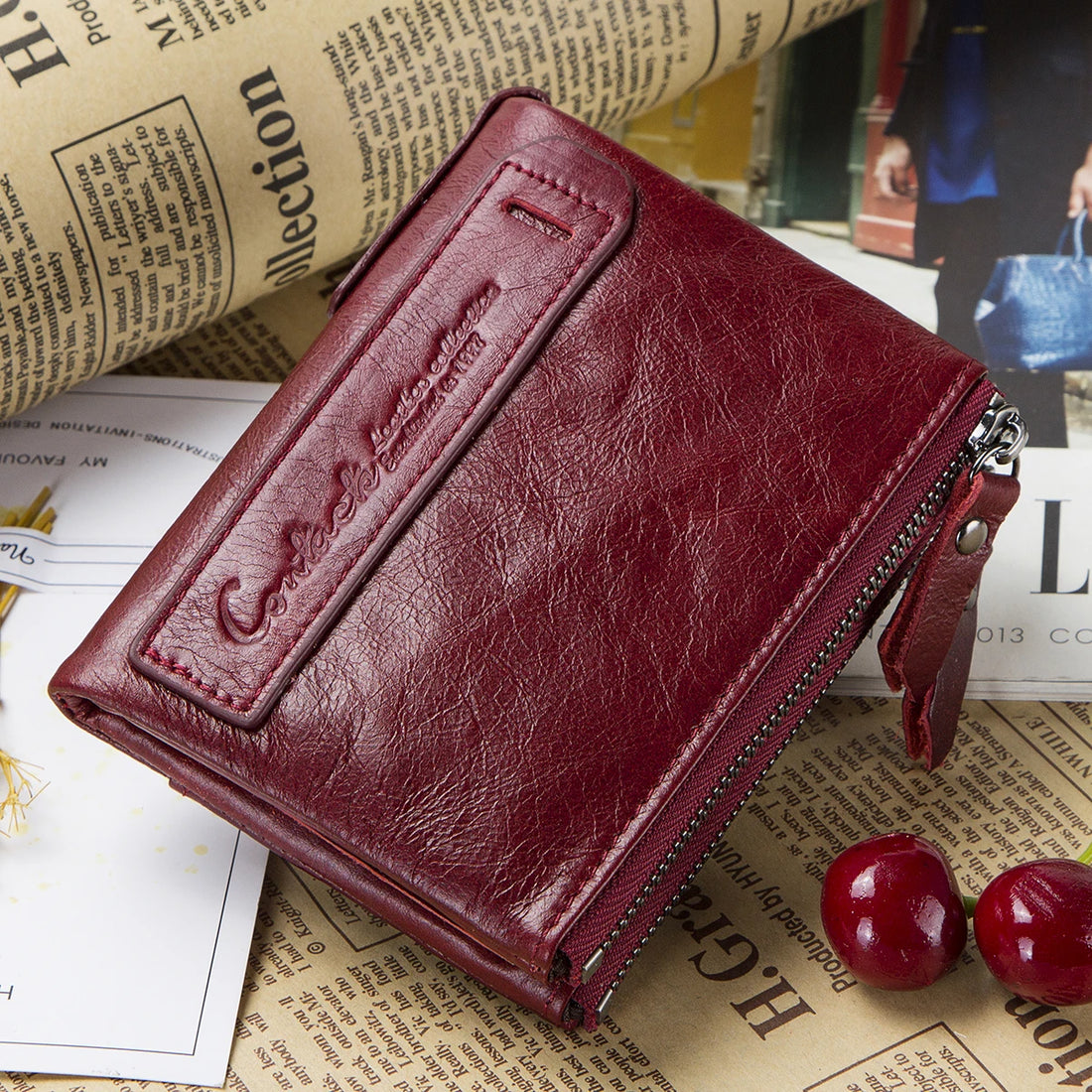Saashi Women's Fashion Genuine Leather Bifold Card Holder Coin Purse Money Clip.
