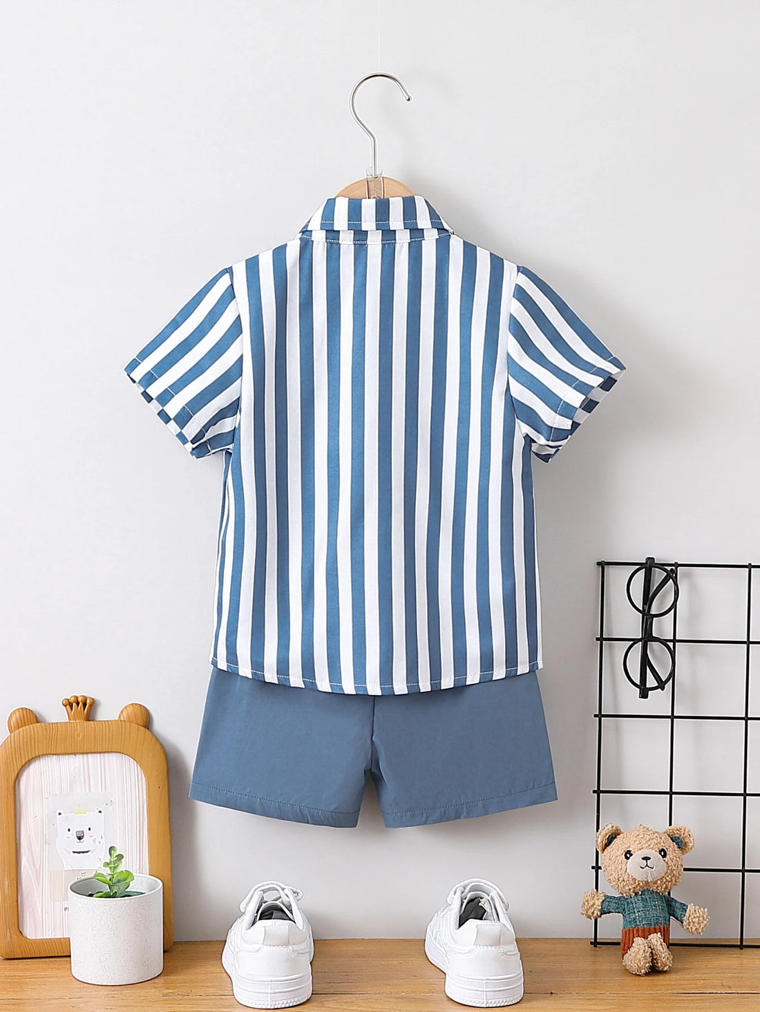 Saashi Boys Blue & White Striped Shirt Set – Soft Breathable Tops for Kids, 2-Piece Set