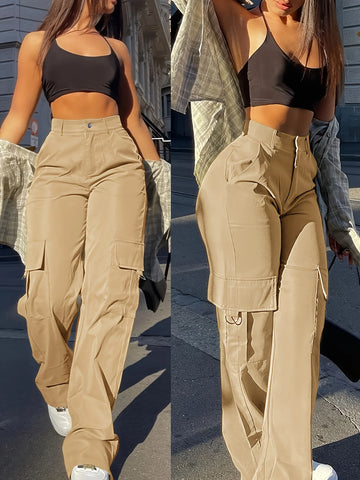 Saashi Women's Cargo Pants Flap Pockets Wide-leg Overalls Casual Street Wear All Season