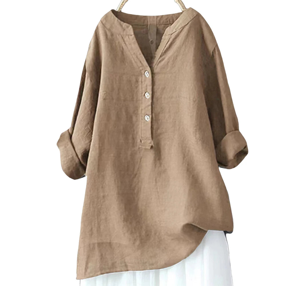 Saashi Vintage Cotton Linen Blouse for Women Plus Size L–5XL Solid Casual Loose Shirt