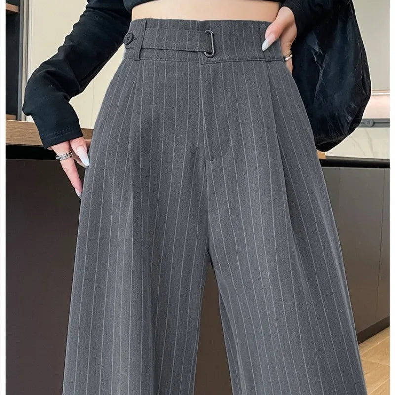 Saashi Women's Autumn Vintage Striped Loose High Waist Straight Office Full Length Trousers.