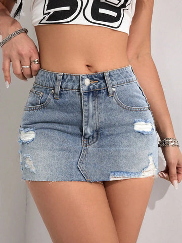 Saashi Women's Distressed High-Waisted Fitted Mini Denim Skirt With Raw Hem