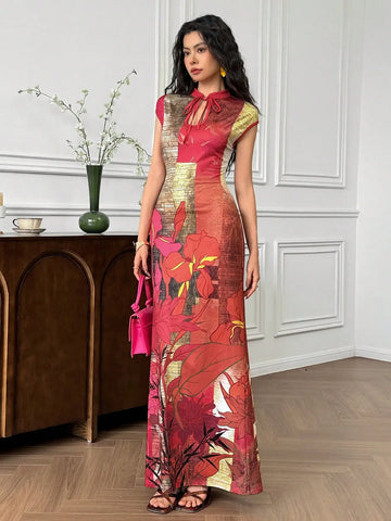 Saashi Women's Floral Print Stand Collar Bodycon Maxi Summer Party Dress