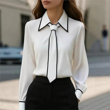 Saashi Women's Fashion Formal Bow Tie Long Sleeve Contrasting Trim Slim Blouse.