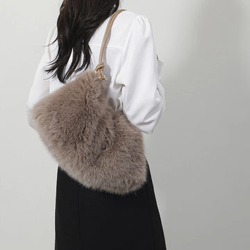 Saashi Faux Rabbit Fur Plush Shoulder Bag High End Luxury Tote Handbag Gift for Women