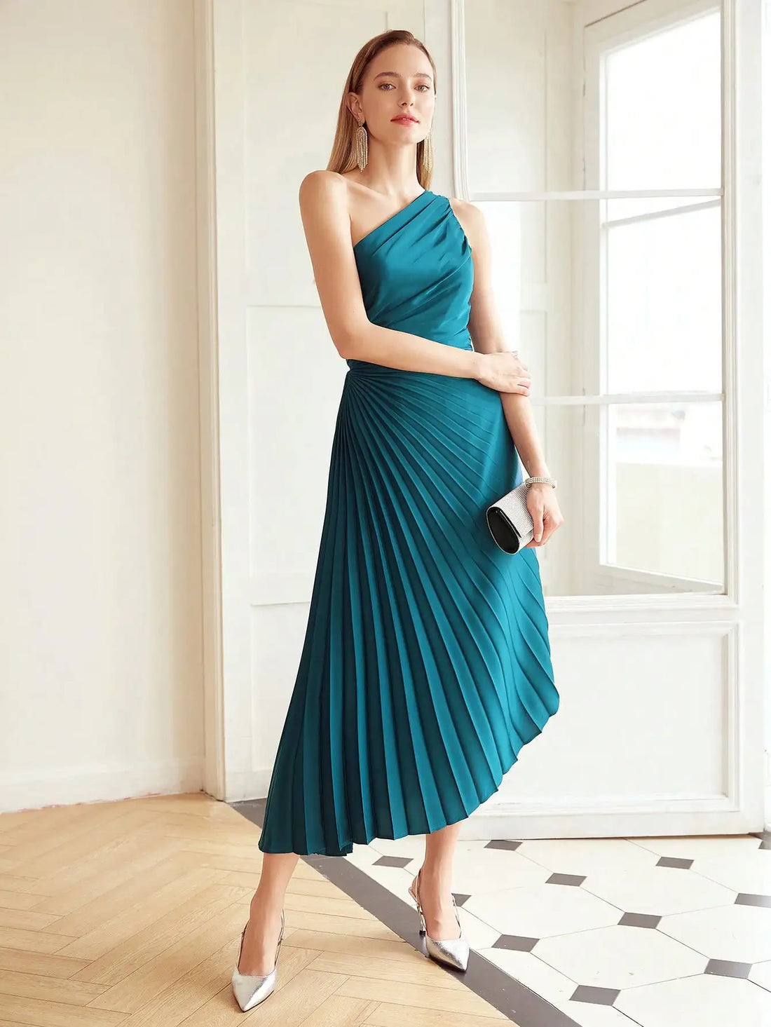 Saashi Women's Teal Pleated One-Shoulder Midi Evening Formal Party Dress.