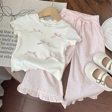 Saashi Girls Bow T-Shirt & Wide-Leg Grid Pants Set