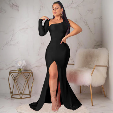 Saashi Women's Spring Fall Longuette Long-sleeved Elastic Single Sleeve Slim Long Dress.