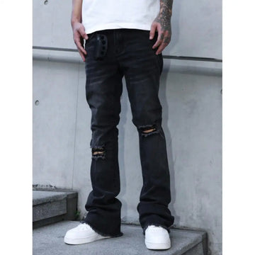 Saashi Men's American-style Vintage Knee-ripped High-street Vibe Slim Straight-leg Denim.