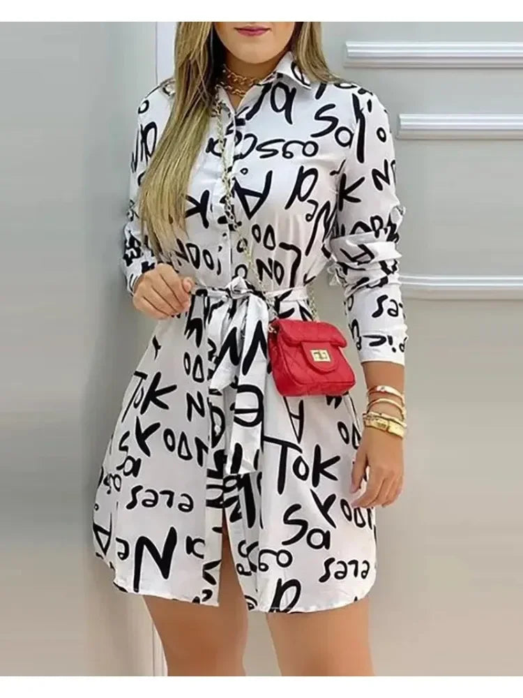 Saashi Elegant Letter Print Long Sleeve Shirt Dress, Casual Office Vacation Mini Dress