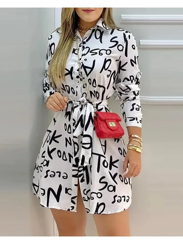Saashi Elegant Letter Print Long Sleeve Shirt Dress, Casual Office Vacation Mini Dress