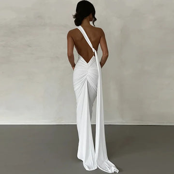 Saashi Women's Y2K One Shoulder Backless Adjustable Scarf Loop Ruched Maxi Dress.