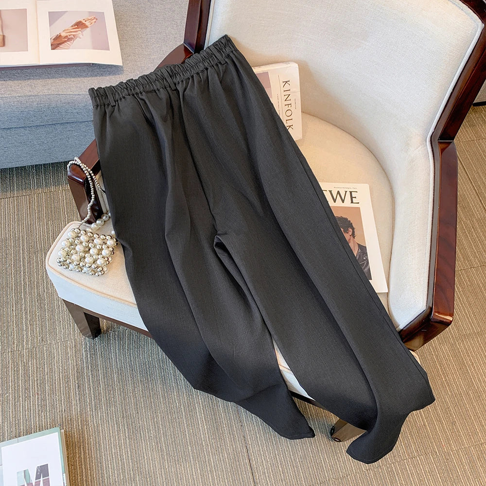 Saashi Plus Size Printed Velour Flare Pants – Elastic High Waist Office Trousers for Women