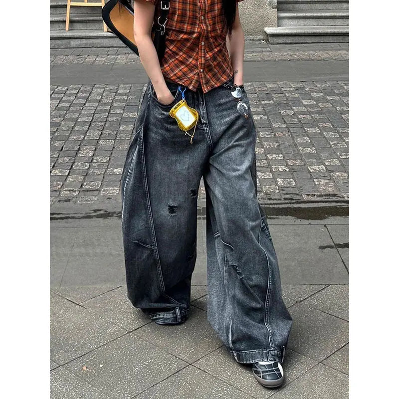 Saashi Women's Black Vintage High Waisted Cargo Y2K Wide Leg Baggy Jeans