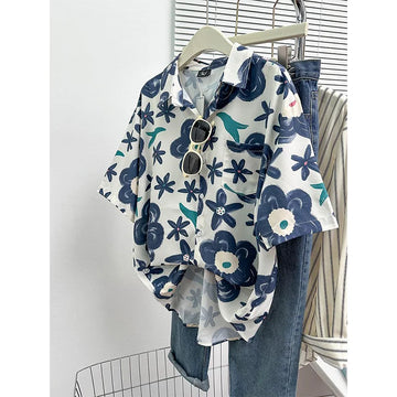 Saashi Vintage Print Polo Collar Shirt for Women Casual Short Sleeve Button Down Top