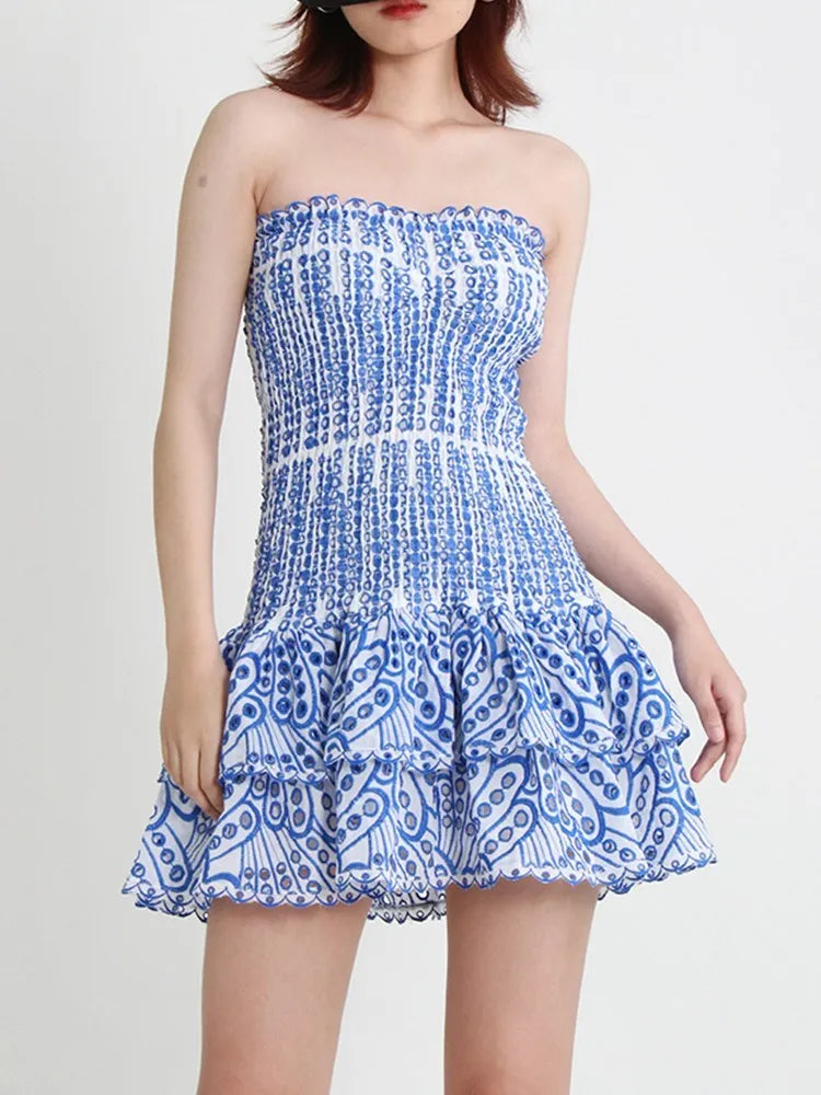 Saashi Strapless Ruched Hollow Out Dress, Off Shoulder Embroidery Bodycon Fashion