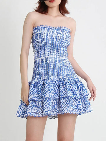 Saashi Strapless Ruched Hollow Out Dress, Off Shoulder Embroidery Bodycon Fashion