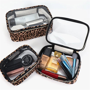 Saashi Waterproof Large Capacity Leopard Print Clear Makeup Bag Portable Travel.