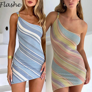 Saashi Women's Elegant Multi Color Patchwork Diagonal Collar Sexy Bodycon Mini Dress