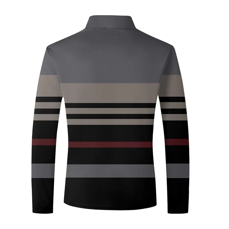 Saashi Men's Spring Autumn Street Fashion 3D Striped Printing Long-sleeved Polo Shirt.