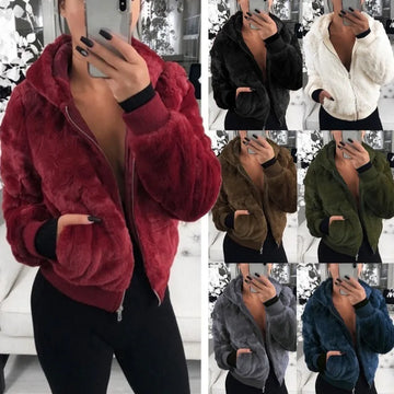 Saashi Fluffy Faux Fur Teddy Coat Hooded Plush Ladies Overcoat