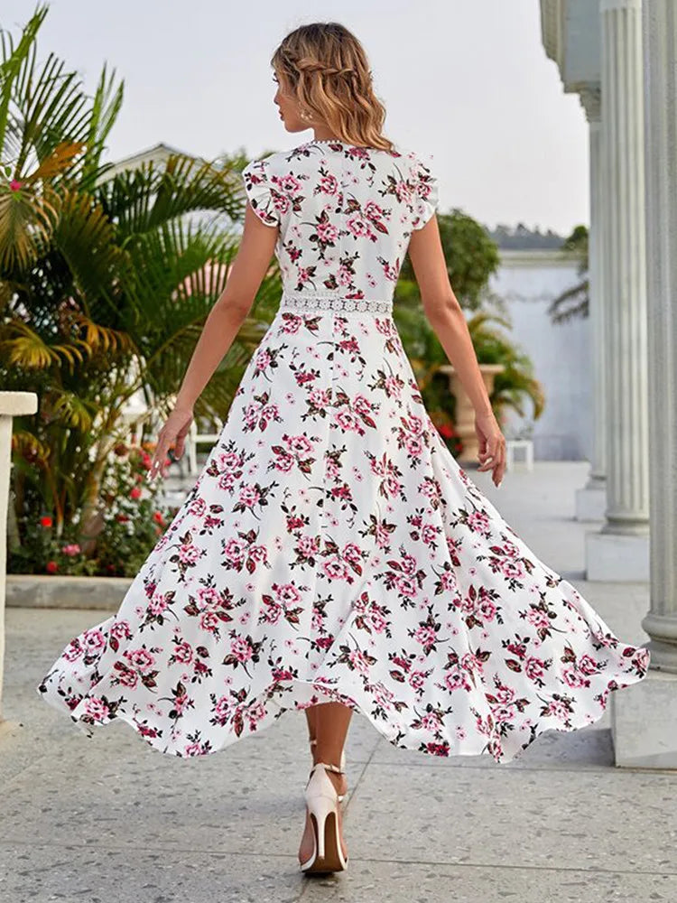 Saashi Floral Print Mini Dress for Women with Lace Collar and Irregular Waist Design