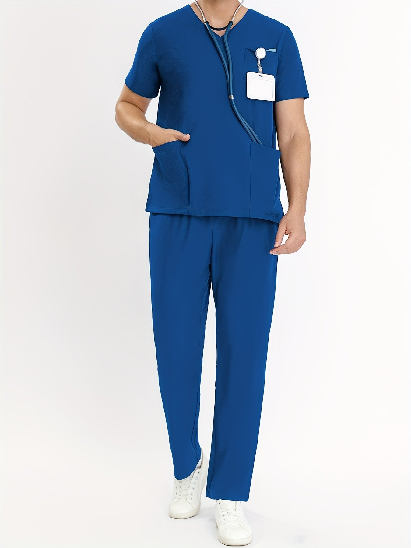 SAASHI Sea Blue Men's V-Neck Scrubs Set - Multi-Pocket Workwear for Summer