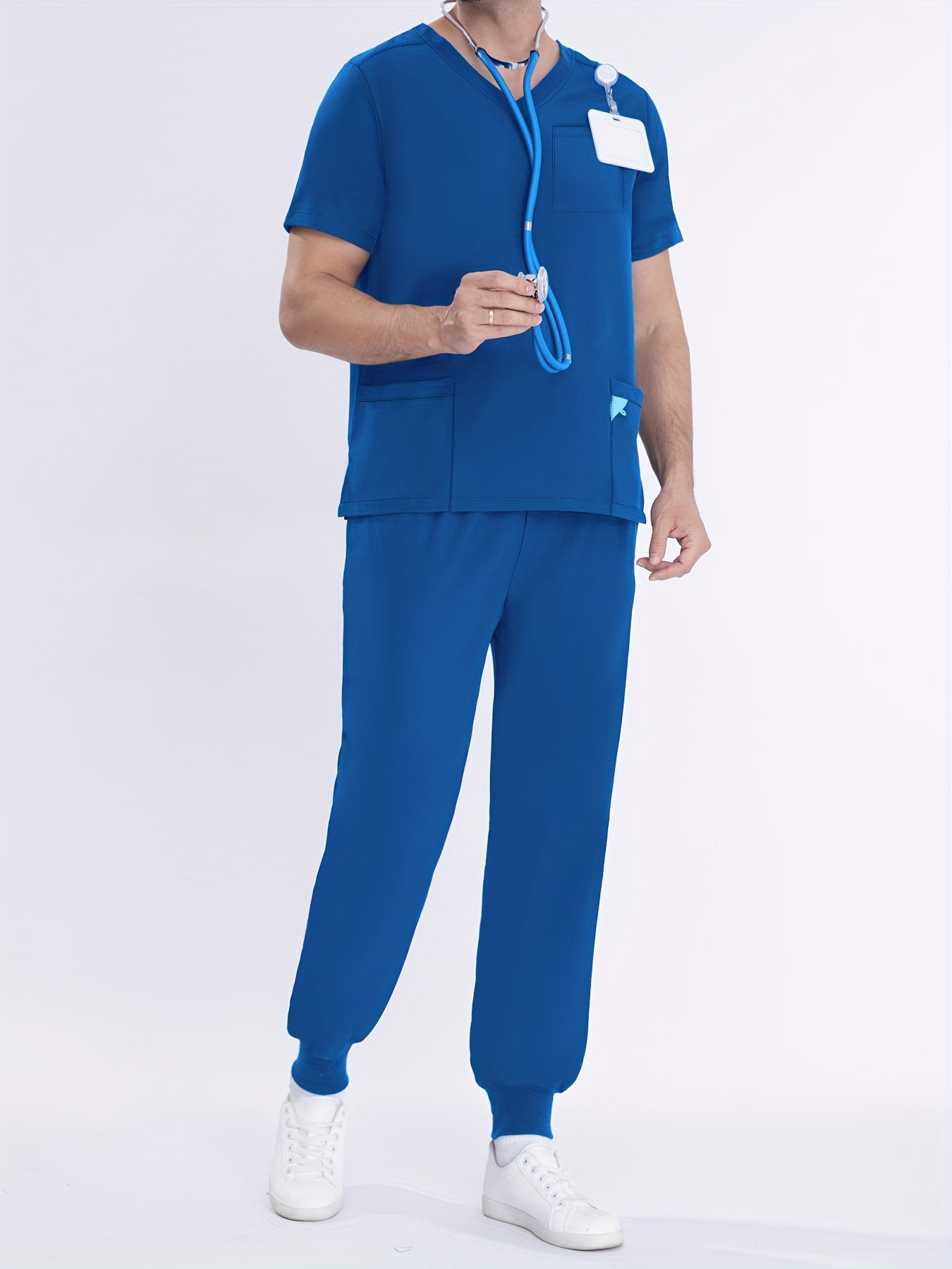 SAASHI Men's Royal Blue Utility Workwear Set - Breathable V-neck Top & Joggers