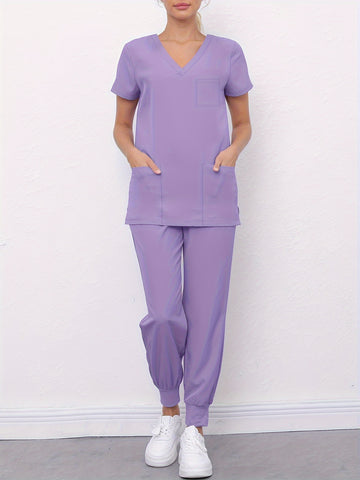 SAASHI Purple Medical Scrub Set - V Neck Top With Pockets & Pants